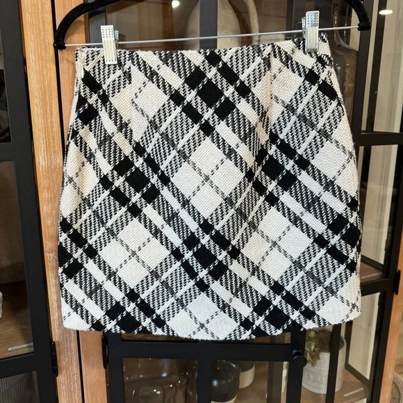 H&M tweed mini skirt plaid high waisted lined elastic wool neutral stretchy - Picture 6 of 6